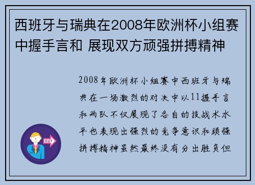 西班牙与瑞典在2008年欧洲杯小组赛中握手言和 展现双方顽强拼搏精神