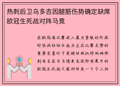 热刺后卫乌多吉因腿筋伤势确定缺席欧冠生死战对阵马竞